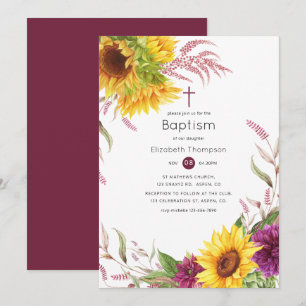 Invitation Baptême floral de soleil et de prune bourguignonne