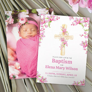 Invitation Baptême floral d'orchidées roses croisées