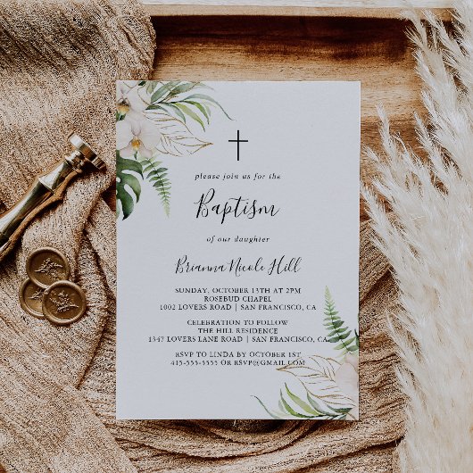Invitation Baptême floral du feuillage Tropical Or