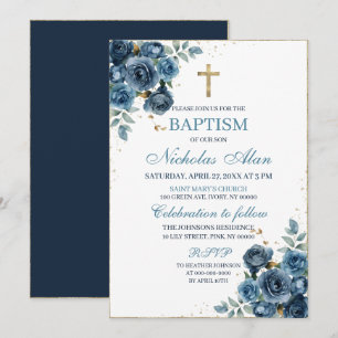 Invitation Baptême Floral Élégant Bleu Marine et Or