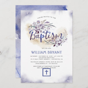 Invitation Baptême floral élégant de garçon de bleu marine