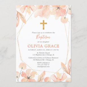 Invitation Baptême floral élégant rose et or