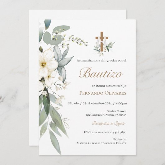 Invitation Baptême Floral Espagnol (Devant / Derrière)