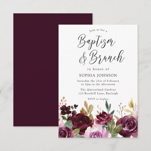 Invitation Baptême floral et brunch du marron bordeaux (Devant / Derrière)