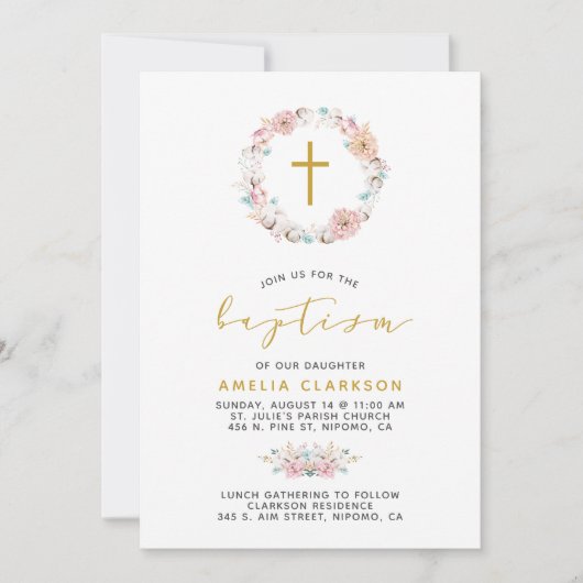 Invitation Baptême floral et coton (Devant)