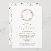 Invitation Baptême floral et coton (Devant / Derrière)