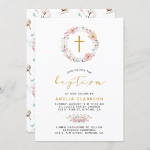Invitation Baptême floral et coton