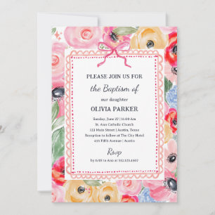 Invitation Baptême Floral Fantaisiste Fleurs et Nœud Colorés