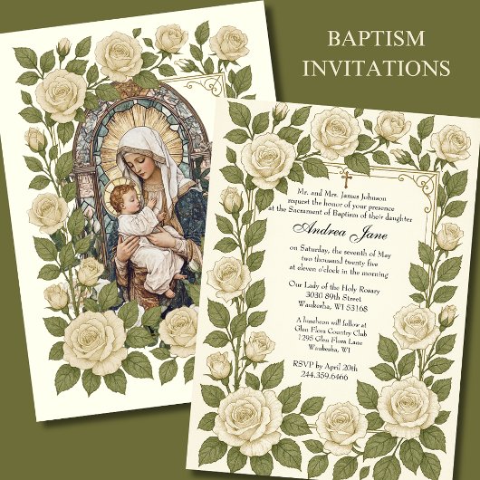 Invitation Baptême Floral Jésus Béni Mère Rose