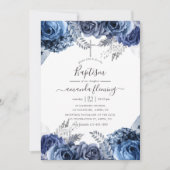 Invitation Baptême floral Navy & Blanc avec feuille d'argent (Devant)