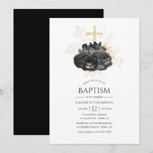 Invitation Baptême Floral Noir et Or Vintage