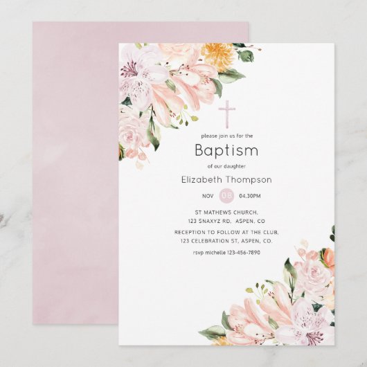 Invitation Baptême Floral Pastel (Devant / Derrière)