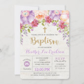 Invitation Baptême floral pourpre de fille d'invitation de (Devant)