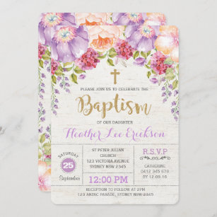 Invitation Baptême floral pourpre de fille d'invitation de