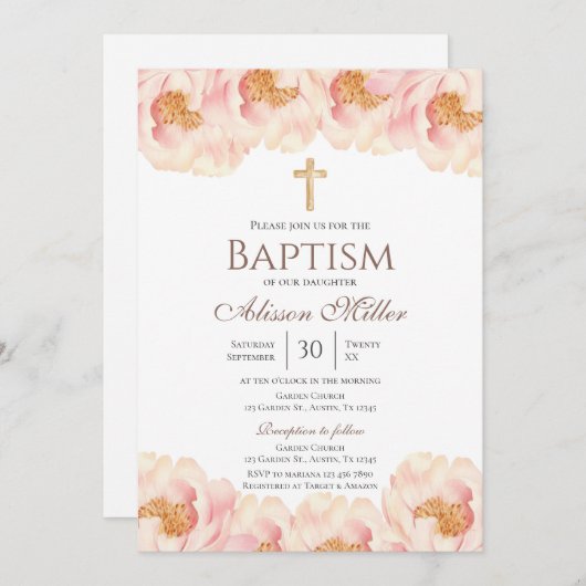 Invitation Baptême floral rose (Devant / Derrière)