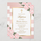 Invitation Baptême floral rose (Devant / Derrière)