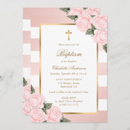 Invitation Baptême floral rose (Devant / Derrière)