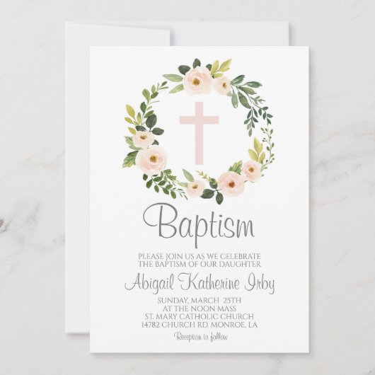 Invitation Baptême floral rose (Devant)