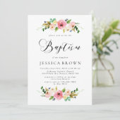 Invitation Baptême floral rose Aquarelle Baptême floral (Debout devant)