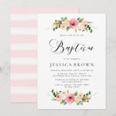 Invitation Baptême floral rose Aquarelle Baptême floral (Devant / Derrière)