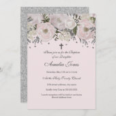 Invitation Baptême Floral Rose Argent Plutôt Brut (Devant / Derrière)