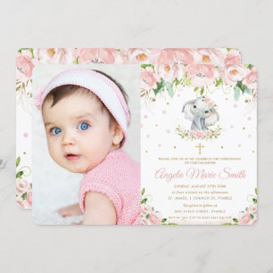 Invitation Baptême floral rose chic à éléphant
