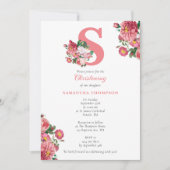 Invitation Baptême Floral rose Christening Baby Girl Initiale (Devant)