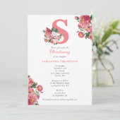 Invitation Baptême Floral rose Christening Baby Girl Initiale (Debout devant)