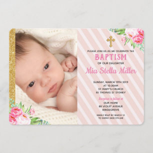 Invitation Baptême floral rose Christening Girl Photo