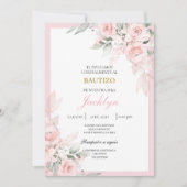 Invitation Baptême floral rose clair (Devant)