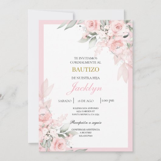 Invitation Baptême floral rose clair (Devant)