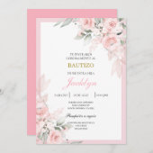 Invitation Baptême floral rose clair (Devant / Derrière)