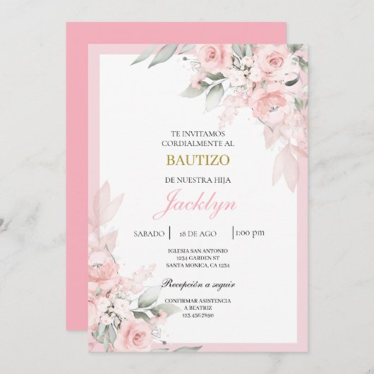 Invitation Baptême floral rose clair (Devant / Derrière)