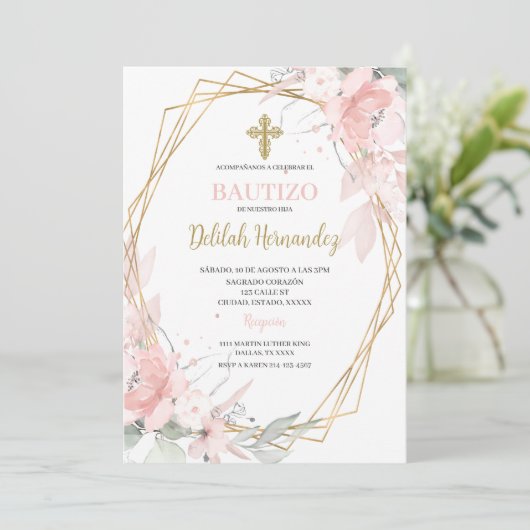 Invitation Baptême floral rose espagnol (Debout devant)