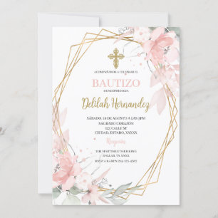 Invitation Baptême floral rose espagnol