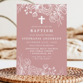 Invitation Baptême floral rose et blanc Rose poussiéreux