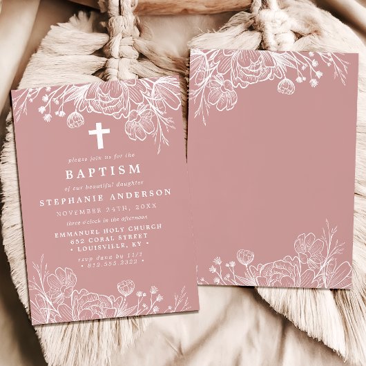 Invitation Baptême floral rose et blanc Rose poussiéreux