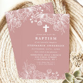 Invitation Baptême floral rose et blanc Rose poussiéreux
