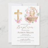 Invitation Baptême floral rose et lapin  (Devant)