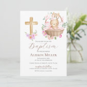 Invitation Baptême floral rose et lapin  (Debout devant)