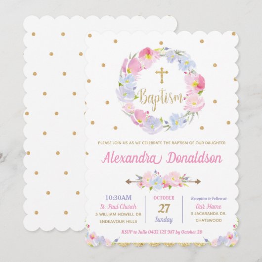 Invitation Baptême floral rose et moderne chic Christening Gi (Devant / Derrière)
