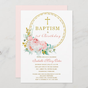 Invitation Baptême floral rose et premier Invi d'anniversaire