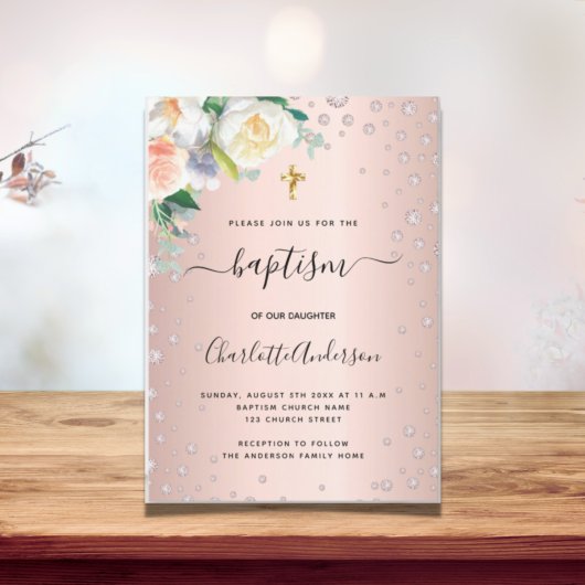 Invitation Baptême floral rose or rose fille élégante