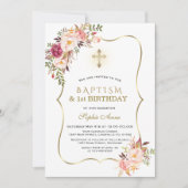 Invitation Baptême Floral Rose Or tendance Premier anniversai (Devant)