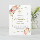 Invitation Baptême Floral Rose Or tendance Premier anniversai (Debout devant)