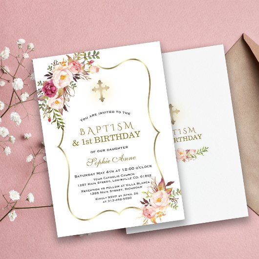 Invitation Baptême Floral Rose Or tendance Premier anniversai
