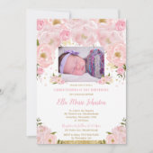 Invitation Baptême floral rose pâle 1er anniversaire de la fê (Devant)