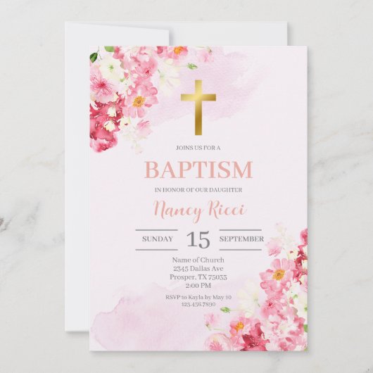 Invitation Baptême floral rose pour fille (Devant)