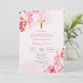 Invitation Baptême floral rose pour fille (Debout devant)
