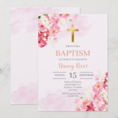 Invitation Baptême floral rose pour fille (Devant / Derrière)